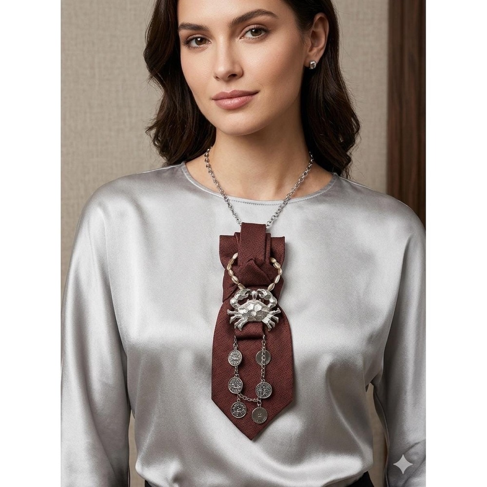 Brown Herringbone Tie Necklace Set Crab Earrings Zodiac Charm Bracelet Silver